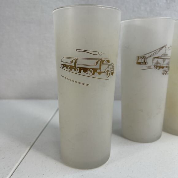 Vintage Rare Lot 6 Glass Frosted White Gold Etching Semi Trailer Crane Big Rig - Picture 3 of 16